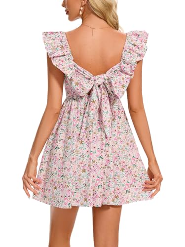 hibshaby Women's Floral Mini Dress V Neck Puff Sleeve Dress Short Babydoll Dress Sun Dress3