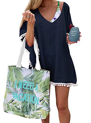PINKMSTYLE Women's Chiffon Pom Pom Kaftan Swimwear Bathing Suit Beach Cover Up Navy Blue Medium