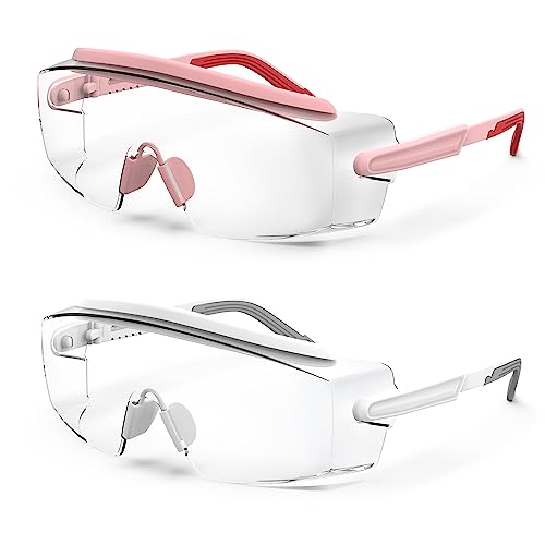 MEIGIX Anti Fog Safety Glasses Safety Goggles Over Glasses Protective Glasses with Anti Scratch Lenses Adjustable (2 Pack (Pink + White)