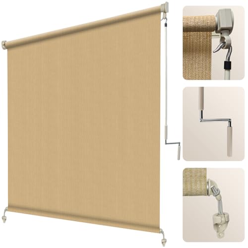 Image of Artpuch Custom Size Patio Shades Roll Up Outdoor Roller Shade, Cordless Exterior Roller Blinds Cloth for Porch Pergola Gazebo, Sesame