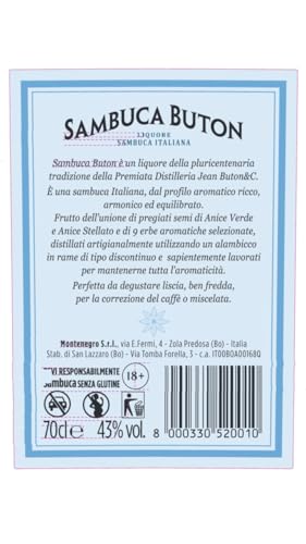 Sambuca Buton 70cl - Italienischer Premium-Sambuca, aus der Verbindung von grünem Anis und Sternanis. 43% vol.