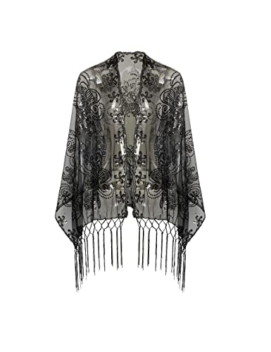 Image of BABEYOND 1920s Sequined Shawl Wraps for Women Fringed Evening Cape Wedding Bridal Shawl Scarf for Evening Dresses Party