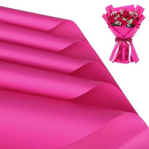 woric 25 Sheets Hot Pink Flower Wrapping Paper Waterproof Floral Bouquet Wrapping Paper for Florist Supplies Wedding Birthday Party Favor Graduation Gift Crafts