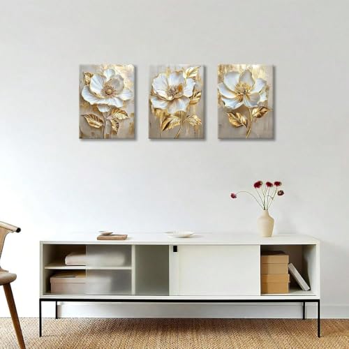 Toile murale haut de gamme fleur blanche or triptyque 60x90 - 5