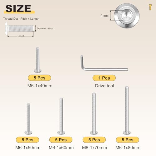 Image of METALLIXITY Flat Head Hex Socket Cap Screws Bolts(M6-1x40 /50 /60 /70 /80) 25Pcs, with Wrench Steel Hex Socket Furniture Bolts Screws - for Furniture Woodworking Project, Silver Tone