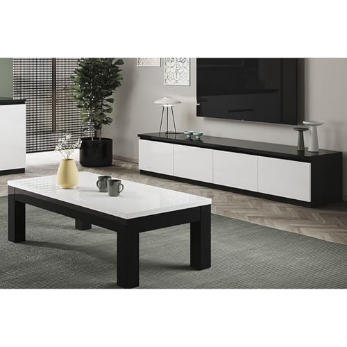 AltoBuy DEYTON - Ensemble Salon Laqué Noir et Blanc Meuble TV 4 Portes + Table Basse 127cm