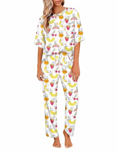 Image of Ekouaer Womens Satin Silky Pajama Set Short Sleeve Shirt with Long Pajama Pant Set Soft PJ Loungewear