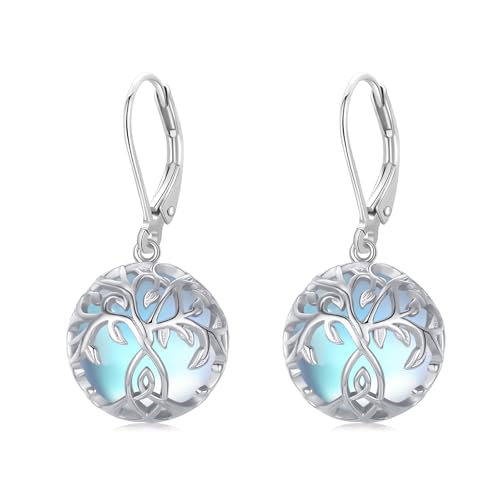 Boucles d'oreilles arbre de vie Midir&Etain en argent 925 et pierre de lune pour femme