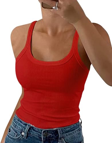 GEMBERA Camiseta de tirantes delgados para mujer, cuello redondo, acanalada, ajustada, camisola de algodón, básica, sin mangas, Rojo -, XL