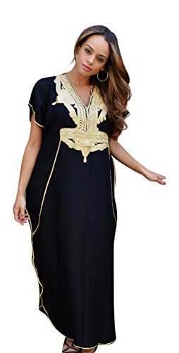 Preisvergleich Produktbild Damen Kaftan, handgefertigt, Freizeitkleidung, Baumwolle, Kaftan, hergestellt in Marrakesch, Schwarz / goldfarben