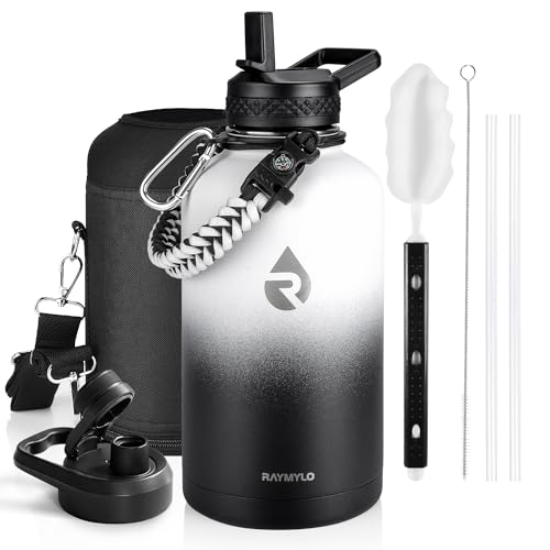 Image of RAYMYLO Insulated Water Bottle 64 oz, Triple Wall Vacuum Stainless Steel (Cold for 48 Hrs), Leak Proof & Non-BPA, Half Gallon Water Flask Jug with Paracord Handle & Straw Spout Lids, White /Black