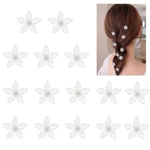 15PCS Mini Fermagli per Capelli con Fiori e Strass Bianchi, Eleganti Mollette Floreali in Resina Acrilica per Donne e Ragazze - Accessori Perfetti per Compleanno e Matrimonio