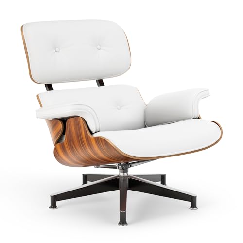 Image of Top White PU Leather, Mid Century Chaise Lounge Chair and Ottoman, Modern Chair Classic Design, Palisander Wood, Heavy Duty Base Support for Living Room Office
