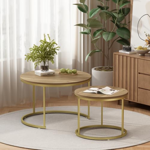 Nesting Coffee Table Set of 2, 27.6 inch Round Side Tables Coffee Table with Wood Marble Pattern Top Sturdy Metal Frame, End Table for Living Room Bedroom Balcony Yard (Brown+Gold)
