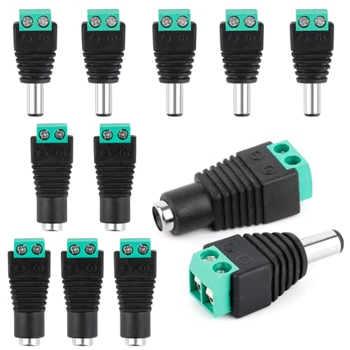 10 Stück DC Plug, Männlich und Weiblich DC-Stecker Buchse Netzadapter, 5.5 x 2.1 mm Jack Adapter Connector, 5 x DC Buchse und 5 x DC Stecker, für CCTV-Kamera, LED Leiste, LED Streifen Licht