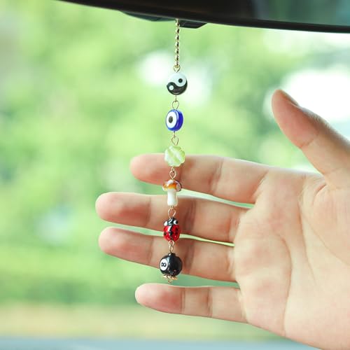 Image of Evil Eye Car Hanging Ornament,Good Lucky Days Charm,8 Ball Mushroom Four-Leaf Clover Pendant for Car Rear View Mirror,Cute Boho Evil Eye Ladybug Yin Yang Symbol Decor Accessories