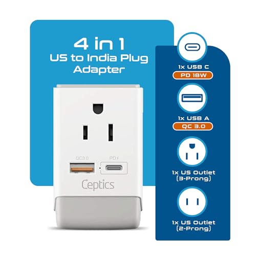 Image of Ceptics US to India Plug Adapter, Type D Plug Adapter QC 3.0 & PD, Safe Dual USB & USB-C 18W, Fast Charging - Powerful 2 USA Sockets - Use in Pakistan Nepal Sri Lanka - AP-10