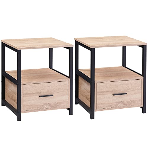 Vecelo Nightstand Set Of 2 With Drawer Modern Square End Side Table For Storage Open Shelf In Bedroom, Living Room, Small Space, Stable Metal Frame, Oak, 2 Pack #TOP13