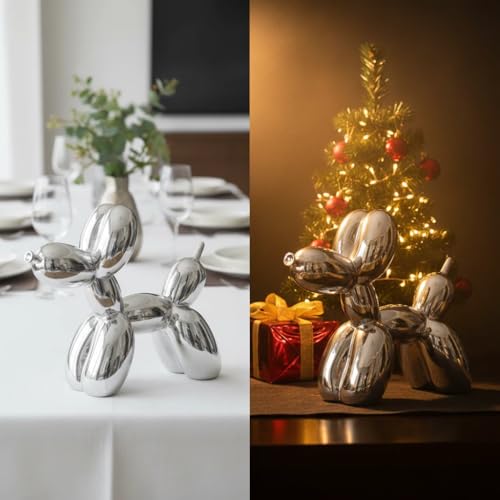 YOYUMI Galvanisiert Ballon Hund Skulptur, Luxus Ornament, Harzstatue für Wohnzimmer Schlafzimmer Bürodekor, Hochglanz Finish Dekorative Statuen, Silber, 18 x 20 x 9 cm