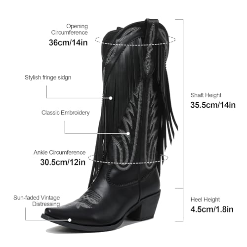Image of Cowgirl Boots for Women Retro Pointed Toe Pull On Block Chunky Heel Embroide Tassel Country Concert Outfits Mid Calf Western Fringe Cowboy Boots