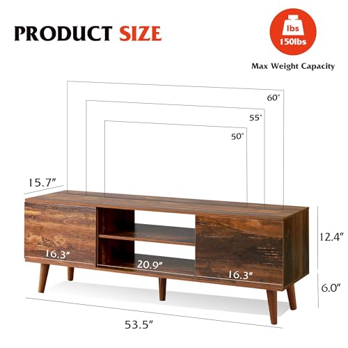 WLIVE TV Stand for 55 60 Inch TV, mid Century Modern Entertainment Center with 2 Cabinets Storage & Adjustable Shelf, Media Console Table for Living Room, Bedroom, Media Furniture, Retro Brown