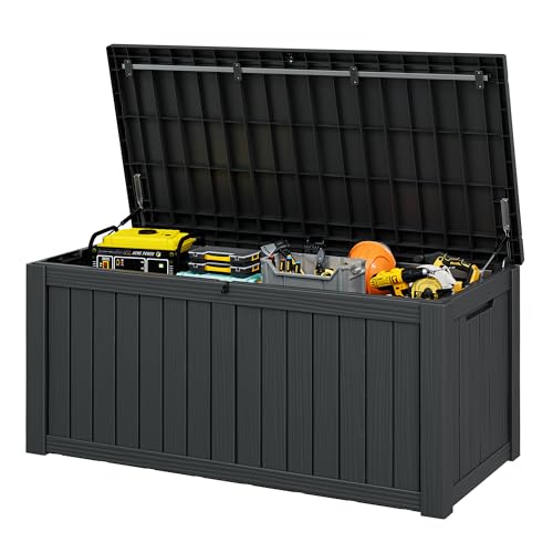 WTFGO Outdoor Storage Box 150 Gallon Resin Deck Boxes Outdoor Waterproof For Patio Furniture Garden Tools Pool Supplies Lockable And UV Resistant (Striped Black)