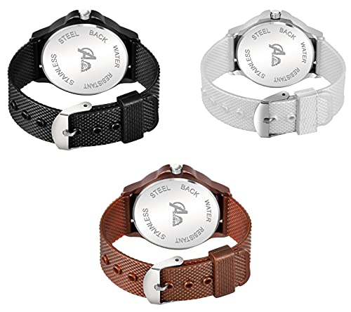Image of Acnos Polyurethane Premium Brand - A Branded 3 Colors Black Brown And White Analog Super Quality Stylish Belt Watches For Men /Stylish Watches For Boys Pack Of 3, Multi-Color Dial, Multi-Color Band