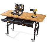 60in Heavy-Duty Adjustable Height Workbench with Wheels, 2700LB Capacity Mobile Work Table with Wood Drawers, Solid Bamboo Desktop & Built-in Power Strip for Garage Workshop