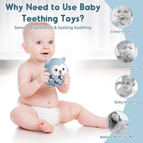 Image of Baby Teething Chick Toy, Upgraded Easy Grasp Silicone Teething Rattle Ball Toy for Babies Over 3 Months, 100% Food Grade, Gift for Infant Boys and Girls 0-6-12 Months (Blue.)