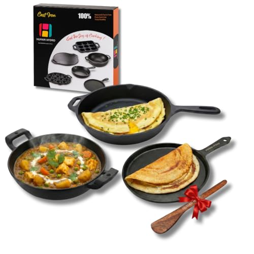Image of Human Hydro Pre-Seasoned Cast Iron Combo | Fry Pan 24cm + Kadai 26cm (2.2L) + Single-Handle Dosa Tawa 25cm with Spatula | Naturally Non-Stick When Seasoned | Gas & Induction Compatible