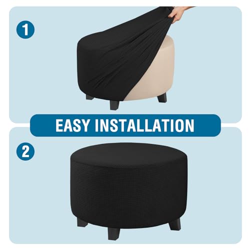 Image of H.VERSAILTEX Ottoman Cover Stretch Ottoman Slipcover Round Ottoman Storage Cover Folding Stool Covers Furniture Protector Cover for Footrest Ottoman Fit Dia 20 inch - 23 inch, Black