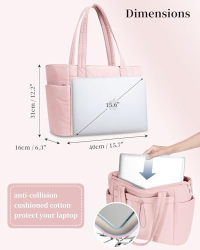 Image of Puffer Tote Bag for Women Handbag Nurse Bag with Cup Holder & Laptop Compartment & Trolley Sleeve for Work Travel Pink
