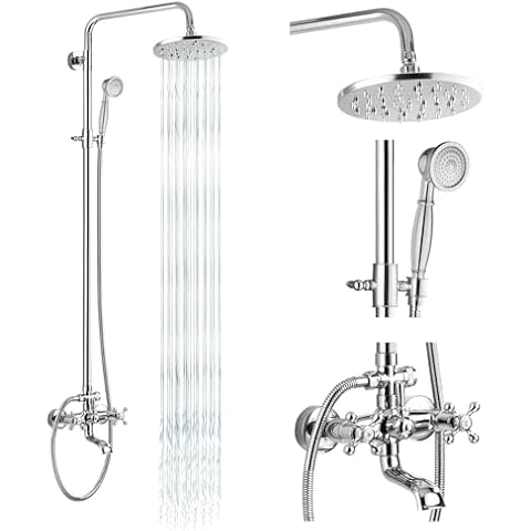 gotonovo Exposed Shower Faucet Set 8 Inch Rainfall Showerhead 3-Function Shower Fixture with Tub Spout 2 Corss Handles Shower System Polish Chrome Cover