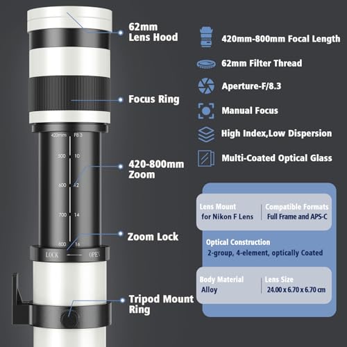 Image of Lightdow Telephoto Zoom Lens 420-800mm f /8.3-16 Manual Lens F Mount Lens for Nikon D5500 D3300 D3200 D5300 D3400 D7200 D750 D3500 D7500 D500 D600 D700 D800 D810 D850 D3100 D5100 D5200 SLR Camera Lens