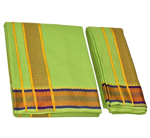 Image of TUNI MANI Men's Panchakacham Dhoti with Angavasthram with Zari Border, Cotton, Size: 9 X 5 (4.0mtr Dhoti, 2.25mtr Towel)