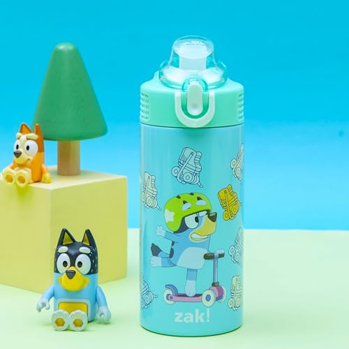 Image of Zak Designs Bluey Sage Kids Water Bottle For School or Travel, 14oz Stainless Steel Water Bottle With Straw, Handle, and Leak-Proof, Pop-Up Spout Cover (Bluey & Bingo)