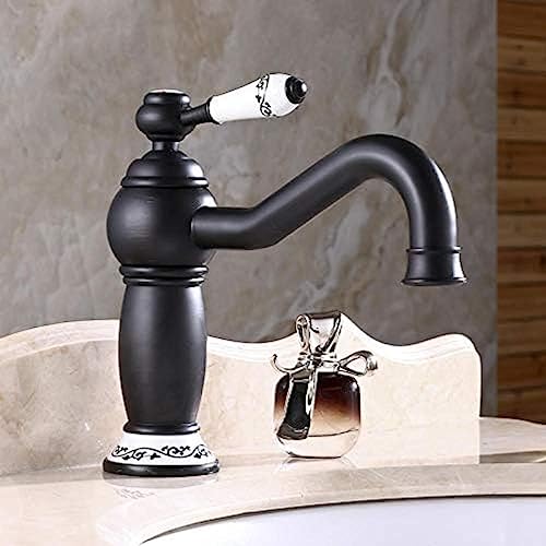 Robinet lavabo long bec anti-éclaboussures bronze huilé et céramique