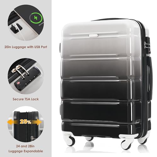 Luggage Set of 3, 20-inch with USB Port, Airline Certified Carry-on Luggage with Cup Holder, ABS+PC Hard Shell Luggage with Spinner Wheels, black4