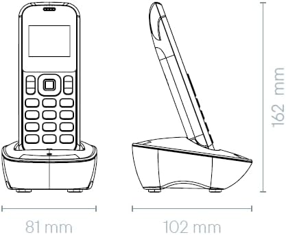 Technical drawing of COCOMM DT100 phone and charging base with dimensions