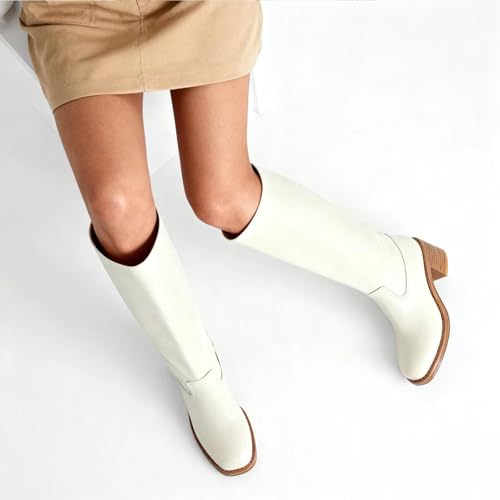Image of ZJGZF Womens Banana Knee High Boots Square Toe Comfortable Boots Block Heel Riding Boots Wide Calf Tall Boots