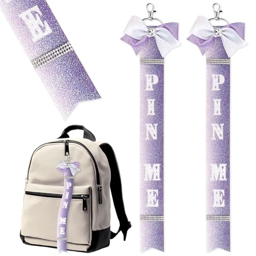 LANGFON 2PCS Pin Me Cheer Keychain Purple Glitter Rhinestone Pin Me Ribbon Keychains for Cheerleader Backpack Cheerleader Keychain Cheer Bow Pin Holder for School Bag Women Toddlers Girls Gifts