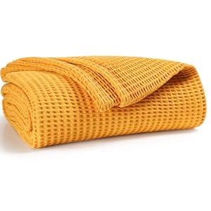 Prewashed Waffle Blanket 100% Combed Cotton – Soft, Lightweight, and Breathable – All-Season Cozy Blanket for Bed, Couch, or Sofa – 90×102 Inch King Size Thermal Throw Blanket Yellow