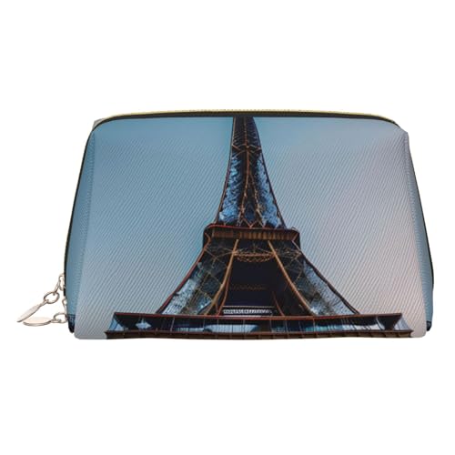 Gold Leather Makeup Bag â€“ Paris Eiffel Tower Print Travel Cosmetic Bags with Handle, Divider, Zipper, Portable Personal Toiletries, Gold, One Size
