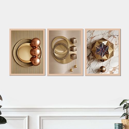 Image of ARAkri Geometric Abstract Wall Art Set of 3, Framed Poster Prints, Gold and Copper Tones, Modern Abstract, Ready to Hang, Living Room Decor (Art 2, 13 x 17 inch)