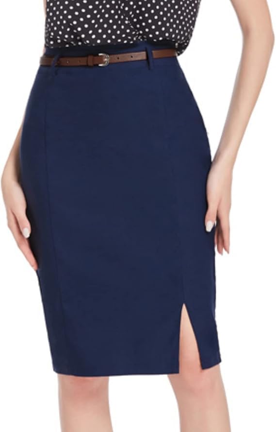 Image of Kate Kasin Women Pencil High Waist Knee Length Bodycon Skirt with Belt