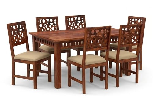 Image of WOODLAB Sheesham Wood 6 Seater Dining Table Set with Chairs | Wooden Dining Table for Home Dining Room | 6 Seater Dinner Table Set for Living Room and Home - Natural Finish