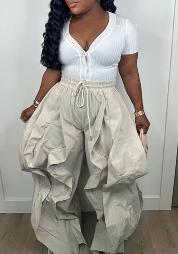 Image of Lucuna Women Balloon Pants Ruffle Fringe Drawstring High Waist Wide Leg Baggy Joggers Parachute Pants