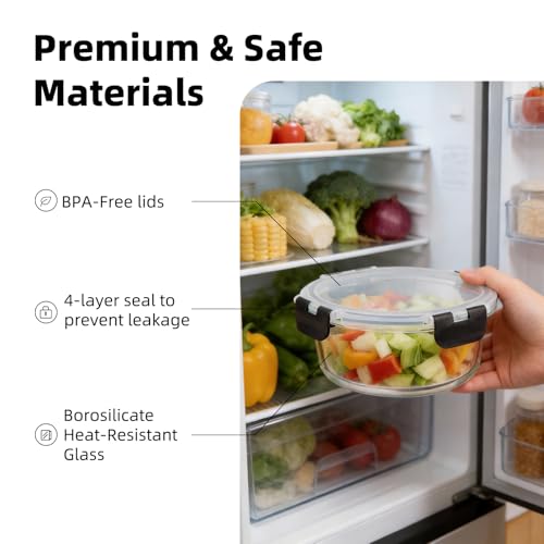 Image of Konokyo Round Glass Food Storage Containers with Lids, 24 Pack Airtight Leakproof Meal Prep Containers, BPA-Free, Microwave Oven Freezer & Dishwasher Safe, Assorted Sizes