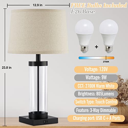 Table Lamps For Bedrooms Set Of 2 With Usb C Usb A Port, 3-Way Dimmable Glass Bedside Lamps With Ac Outlet, Modern Nightstand Lamp With Beige Fabric Lampshade For Living Room Bedroom, Bulbs Included #TOP5