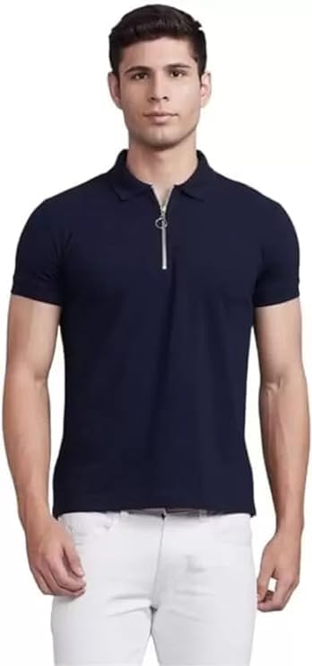 Image of Solid Polo T-Shirt Zip Collar Cotton Blend Half Sleeves for Men's